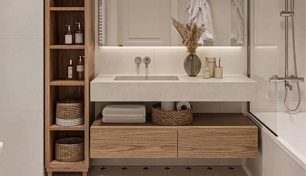Bathroom vanity in apartment interior with wood shelving, sink, mirror, and woven baskets
