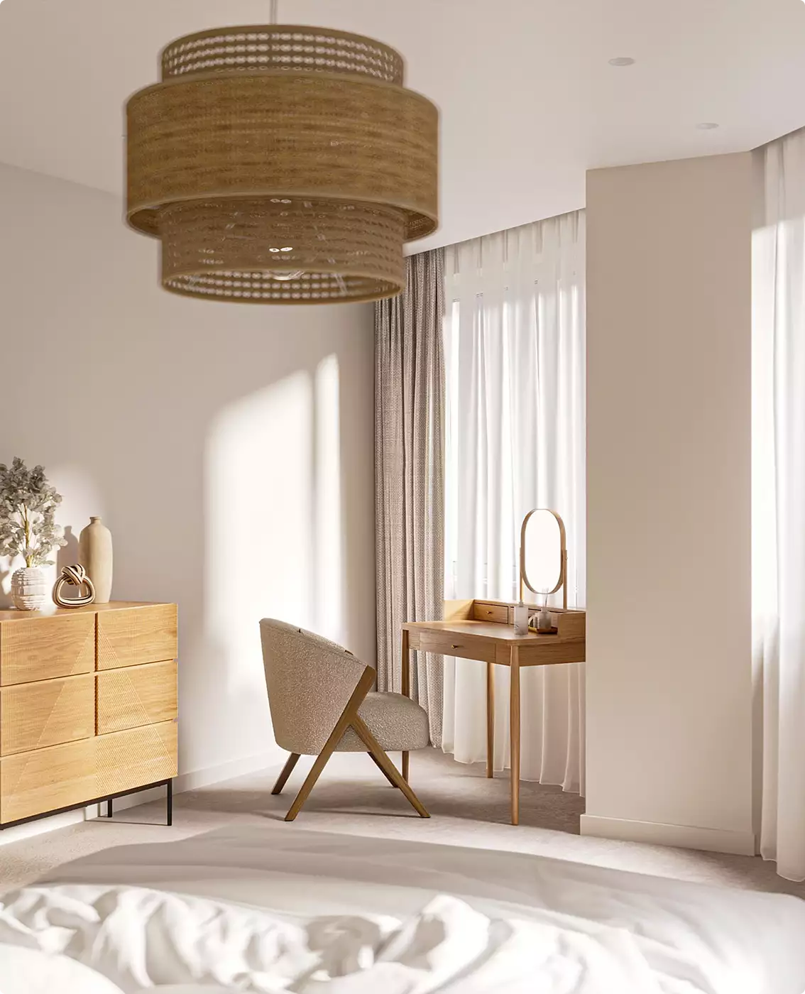 Bedroom corner in apartment interior with chair, vanity desk, and soft curtains
