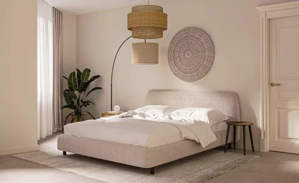 Beige bedroom with upholstered bed and woven pendant lamp, apartment interior design