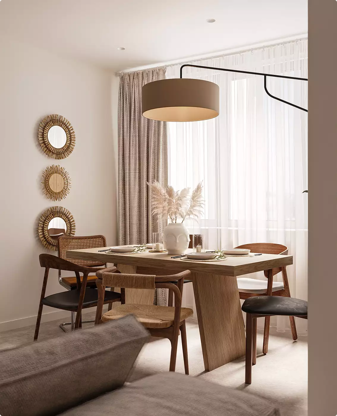 Dining area in apartment interior with wooden table, mixed chairs, and soft window light