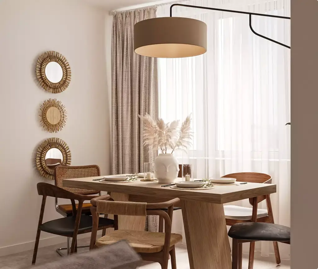 Dining area with wooden table and chairs by window, apartment interior design