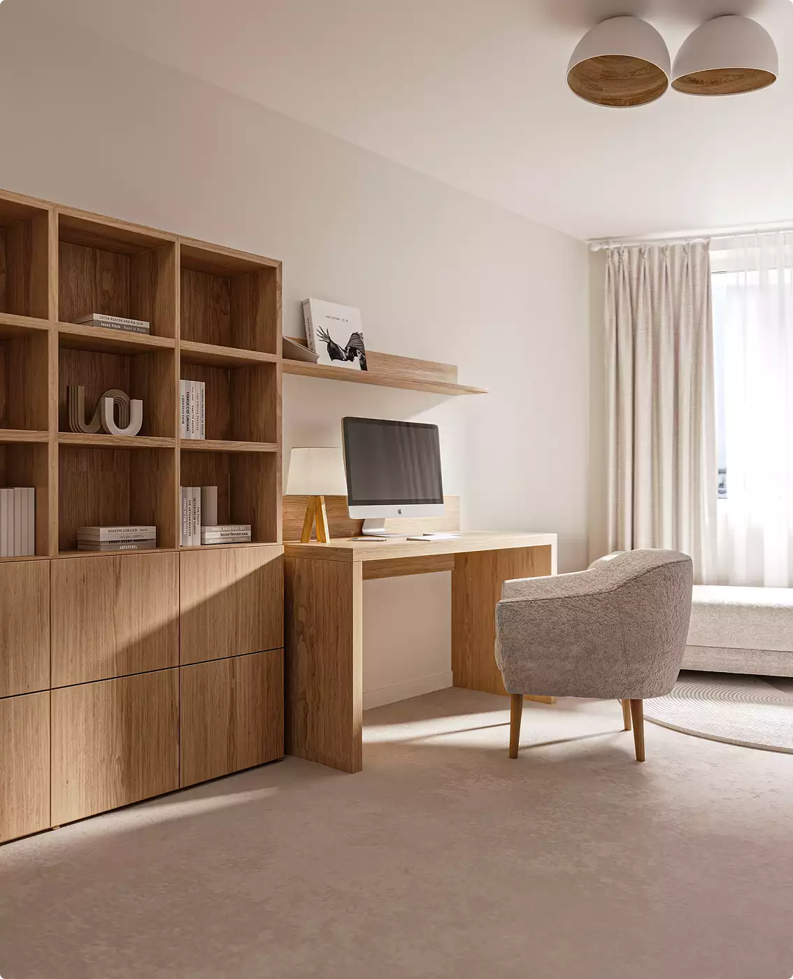 Home office angle in apartment interior with wood desk, chair, shelving, and window light