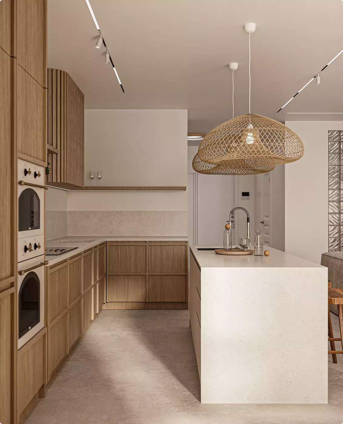 Kitchen view in apartment interior with wood cabinets, island sink, and pendant lights
