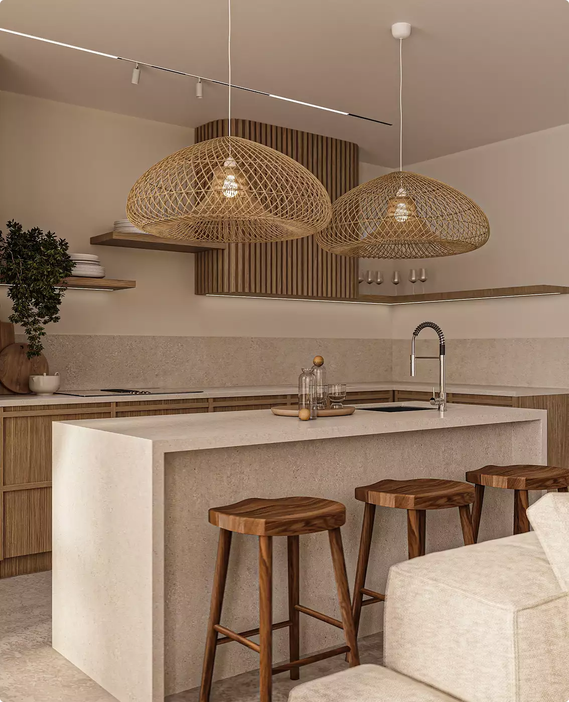 Kitchen in apartment interior with island, wooden stools, and woven pendant lights
