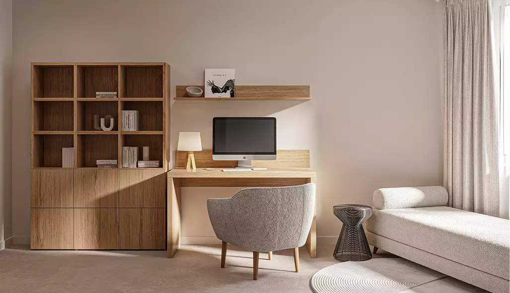Minimal workspace with wood desk and shelving, apartment interior design