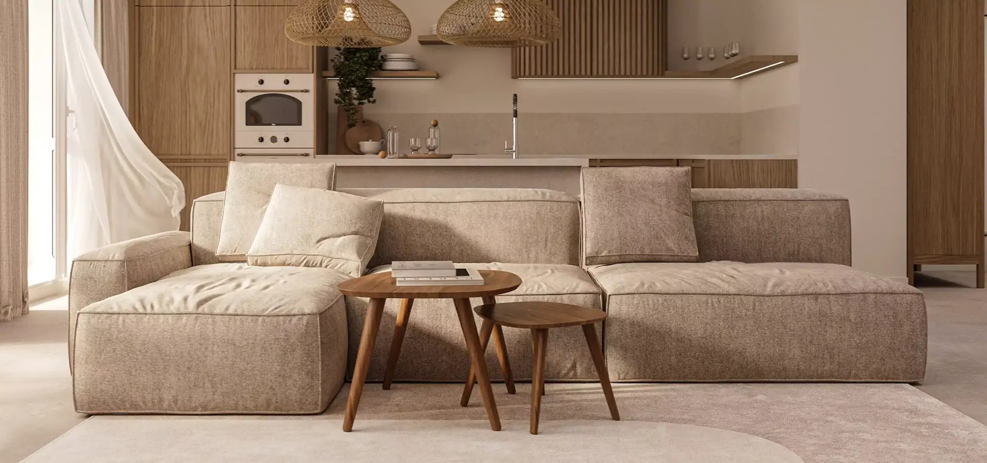 Neutral living room with fabric sofa and wooden tables, apartment interior design