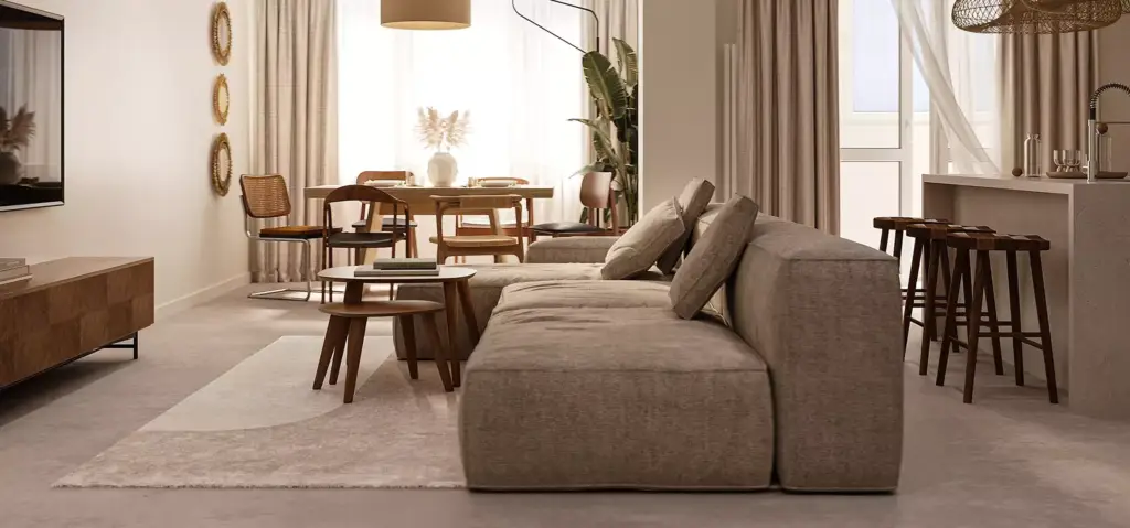 Open plan living and dining area with neutral tones, apartment interior design