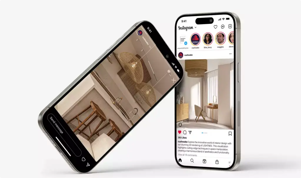 Two smartphones displaying apartment interior design posts on social media screens