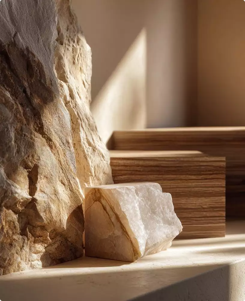 Stone and wood decor detail with soft sunlight, apartment interior design