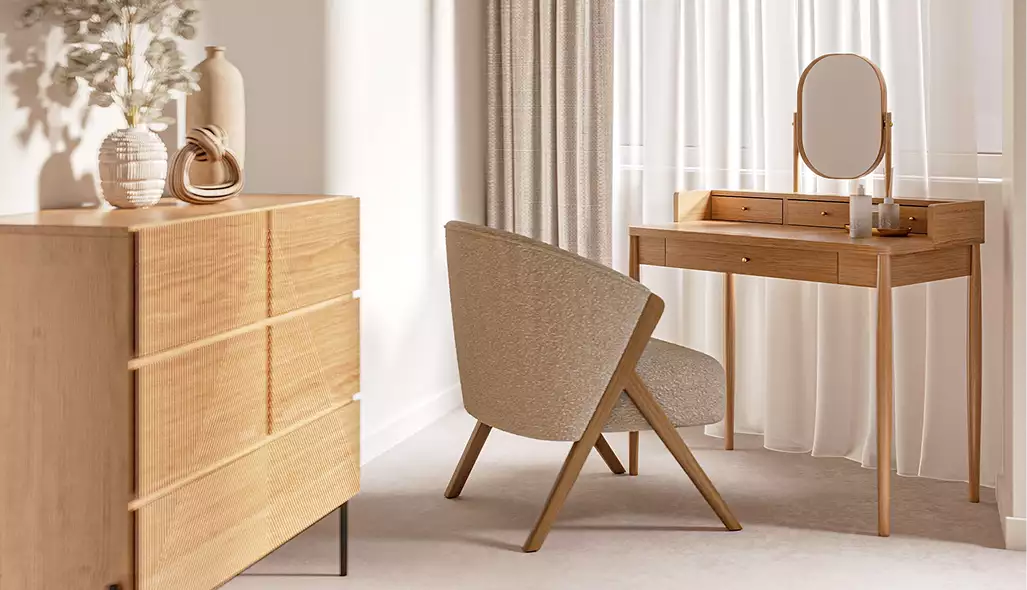 Wood vanity desk with chair near window, apartment interior design
