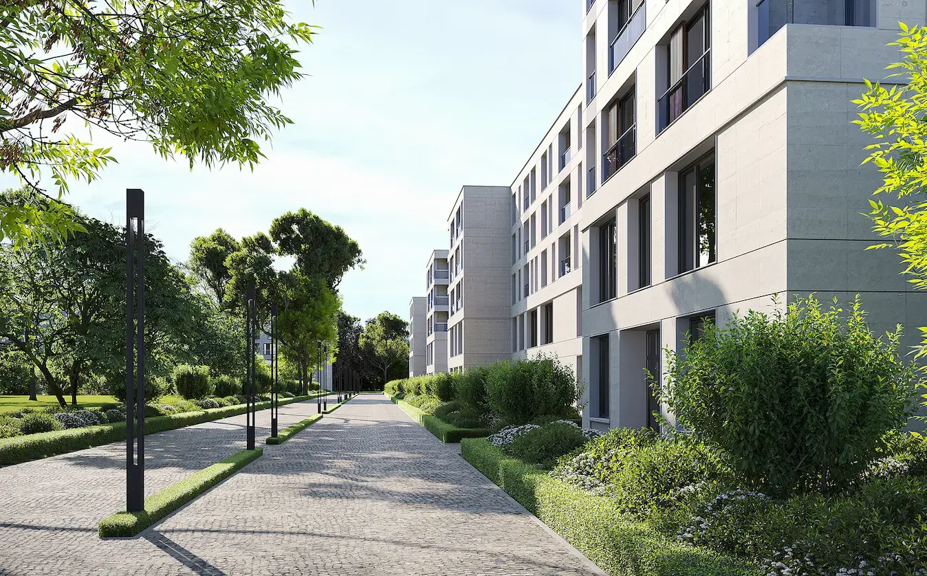 Best AI Rendering Tools for Architectural Rendering Apartment walkway with landscaping and white facade, ai software for rendering