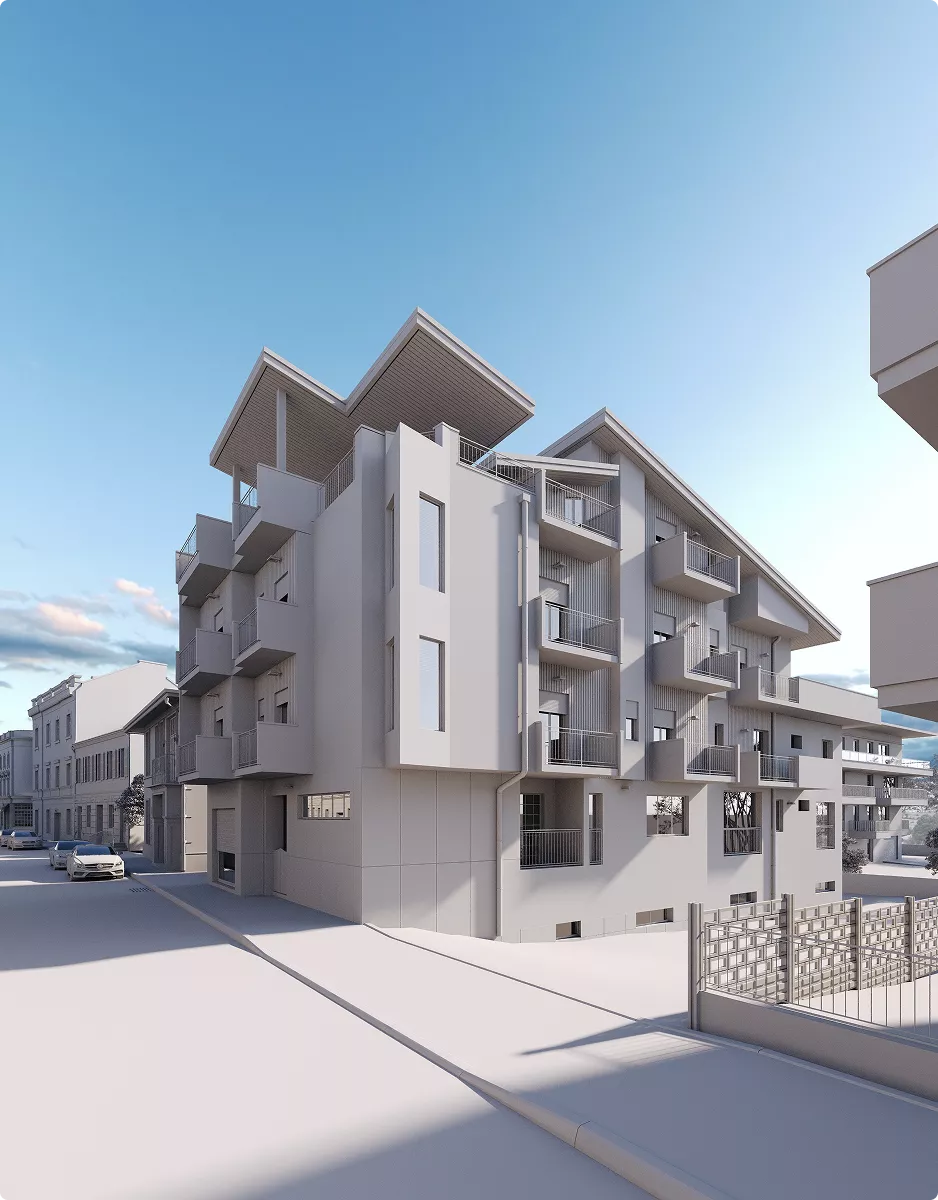 Architectural 3D Modeling Services for an apartment building with balconies on a quiet city street