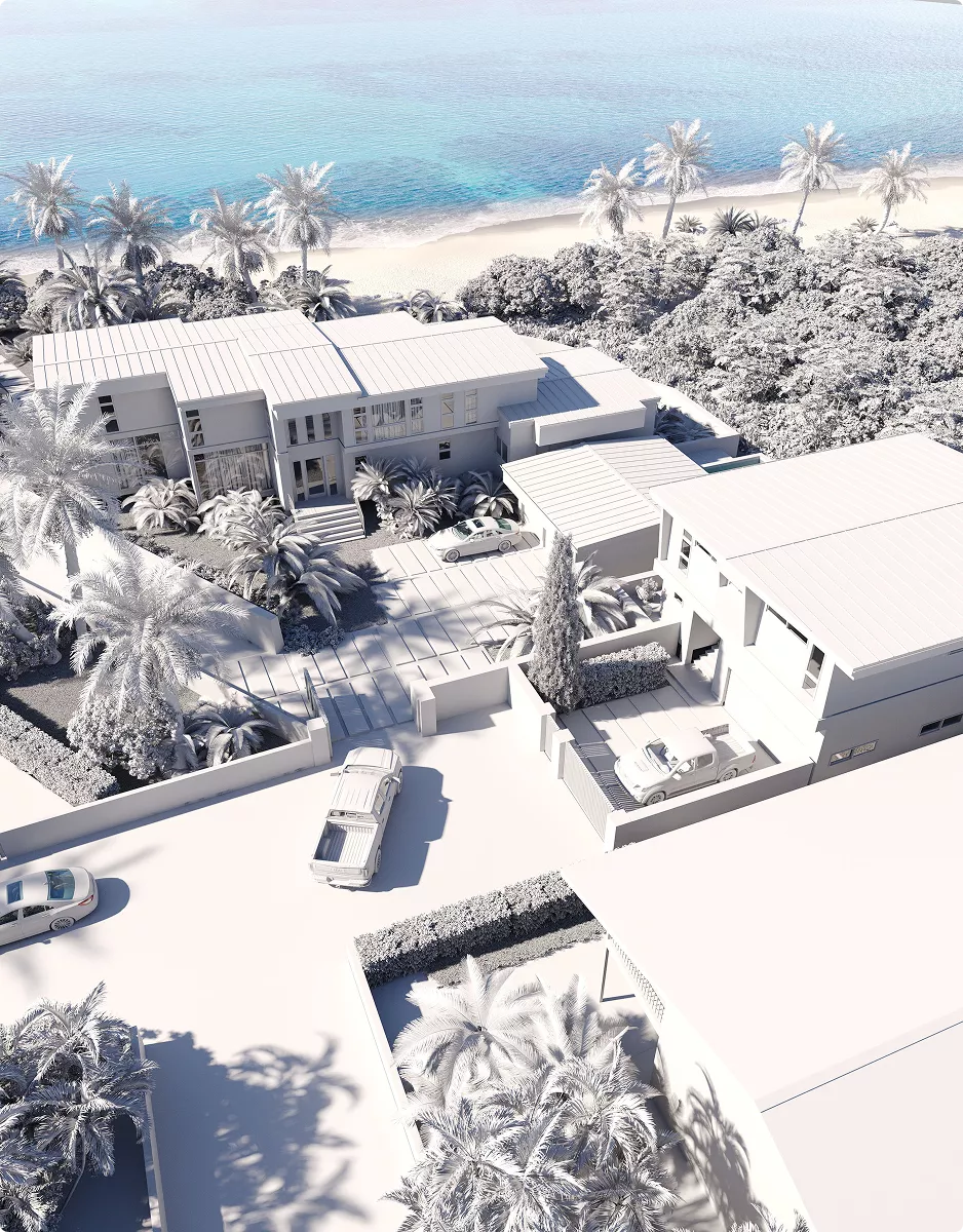 Architectural 3D Modeling Services for beachfront homes with palm trees, cars, and ocean view