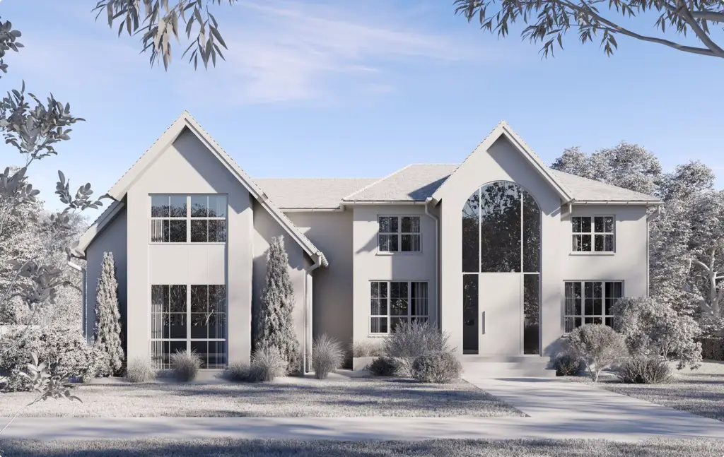 Architectural 3D Modeling Services for a classic home exterior with arched entry and landscaped yard