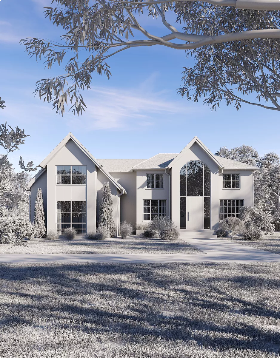 Architectural 3D Modeling Services for a classic home exterior with tall trees and front lawn