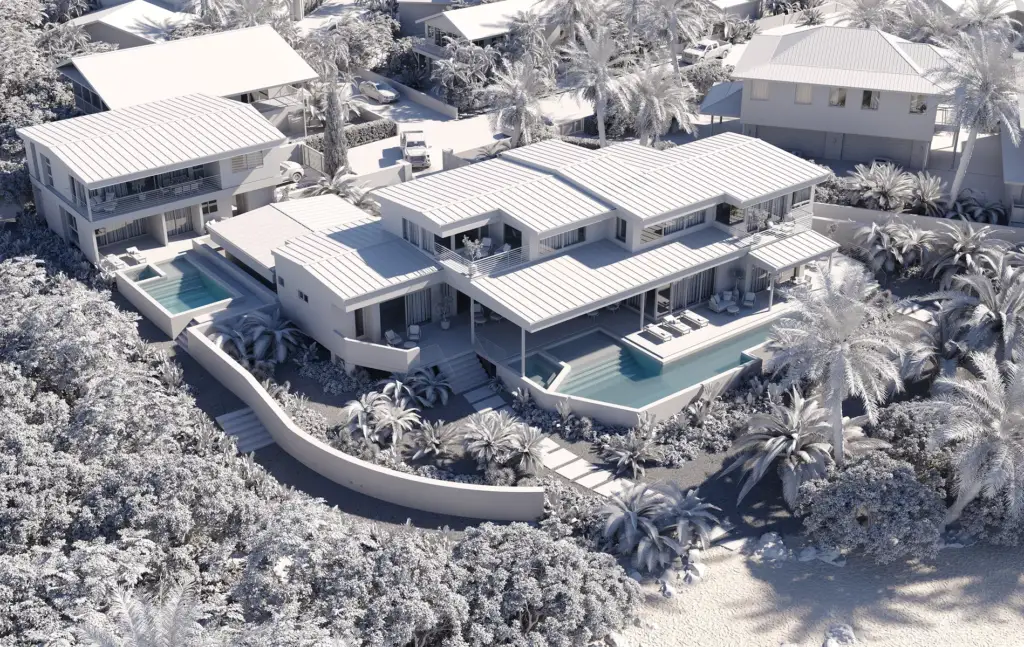 Architectural 3D Modeling Services for coastal villas with pools, palms, and beachside landscaping