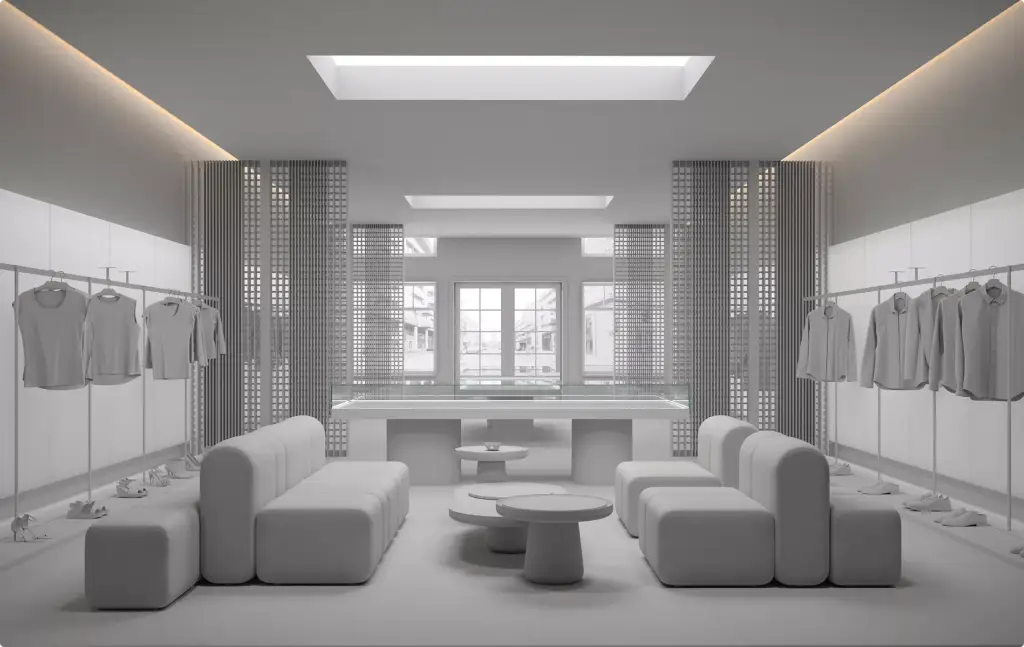Architectural 3D Modeling Services for a minimalist fashion boutique with sofas and clothing racks