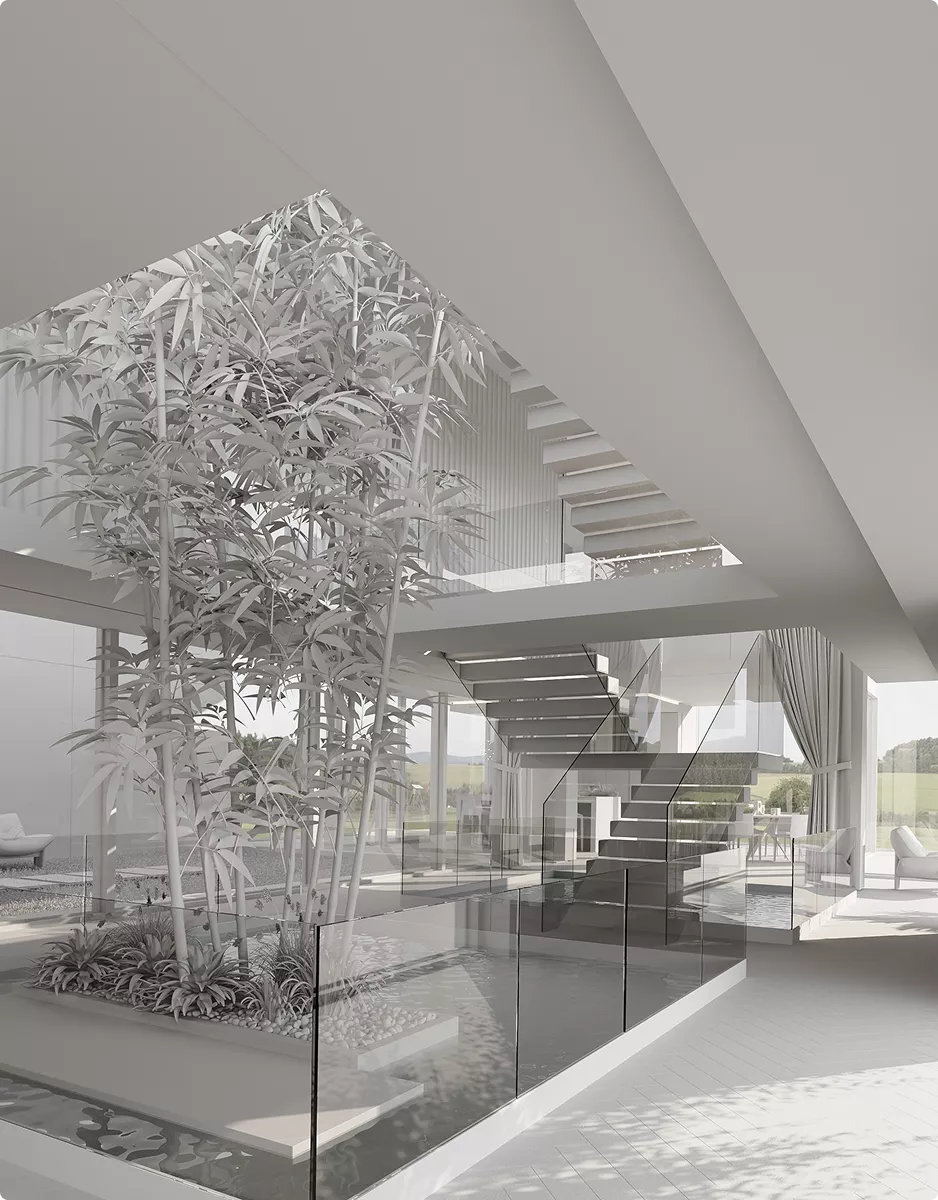 Architectural 3D Modeling Services for a modern interior atrium with trees, glass railing, and stairs