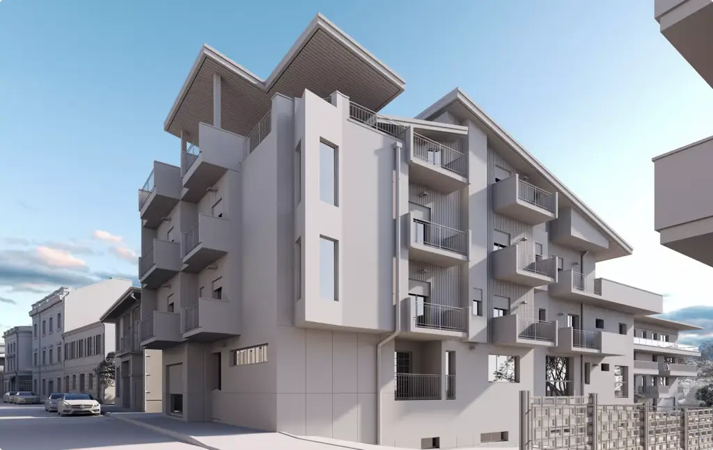 Architectural 3D Modeling Services for a mid-rise building with balconies and urban street setting