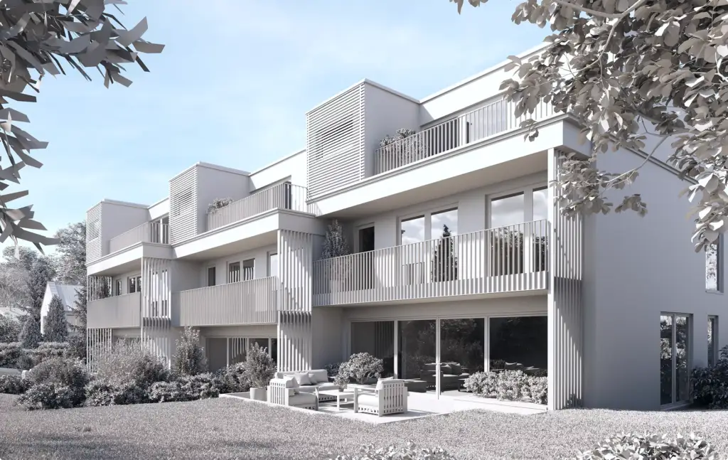 Architectural 3D Modeling Services for modern apartments with balconies, patios, and garden lawn