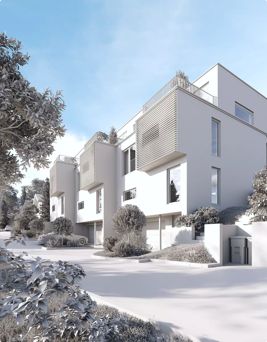 Architectural 3D Modeling Services for modern townhomes with rooftop terraces and landscaped street