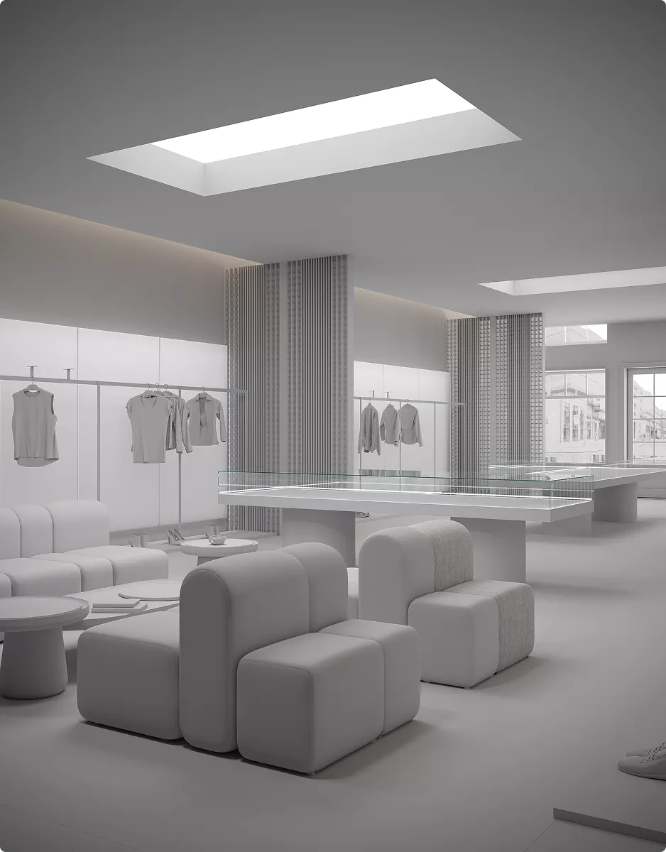 Architectural 3D Modeling Services for a luxury retail showroom with seating and display tables