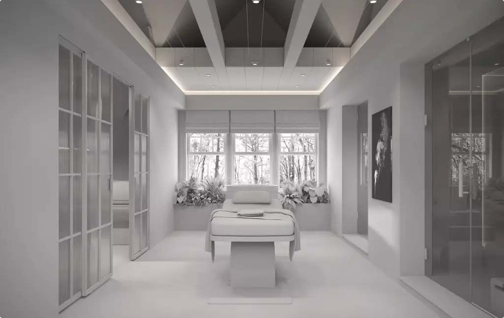Architectural 3D Modeling Services for a bright spa room with treatment bed, plants, and glass doors