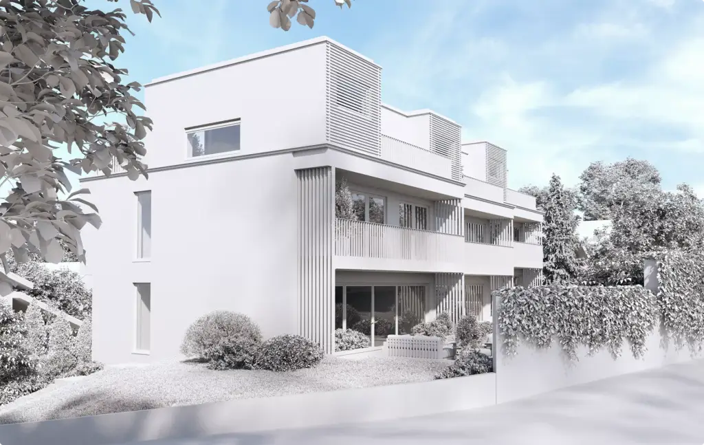 Architectural 3D Modeling Services for white townhomes with balconies, shrubs, and street view
