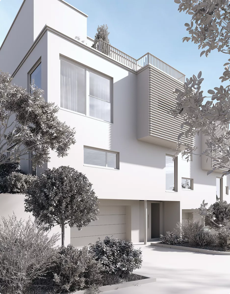 Architectural 3D Modeling Services for white townhouses with rooftop decks and garden entrance