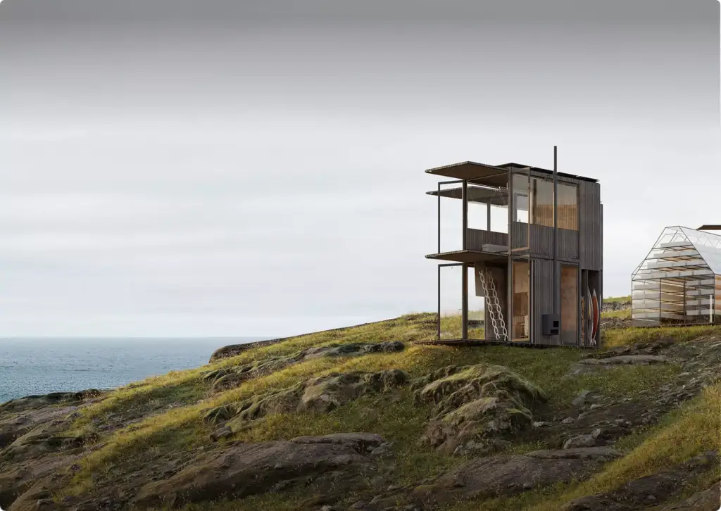 Compact modern cabin on rocky coastal hill with ocean view and glass walls, architectural rendering