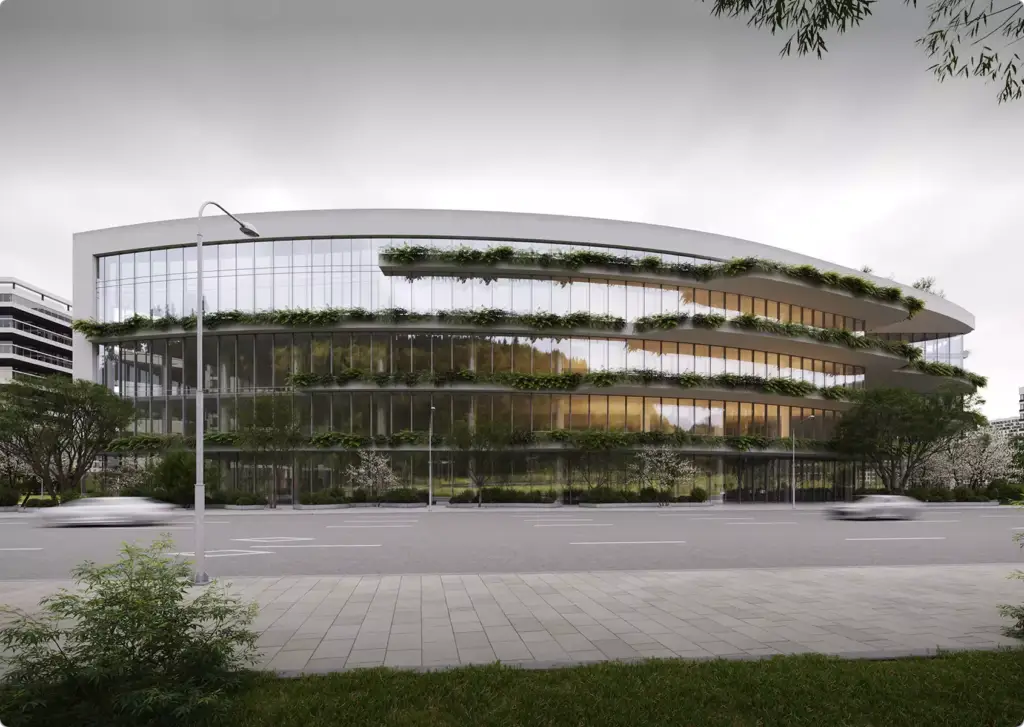 Modern curved glass office building with green terraces along street, architectural rendering