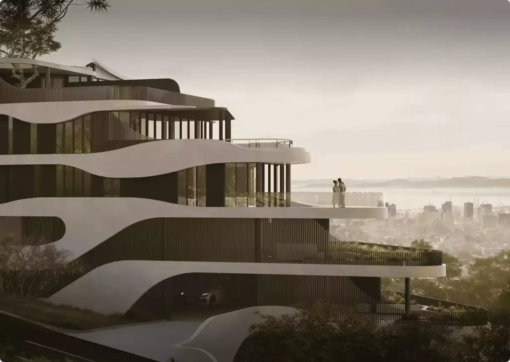 Curved modern multi level house with terraces overlooking city skyline, architectural rendering