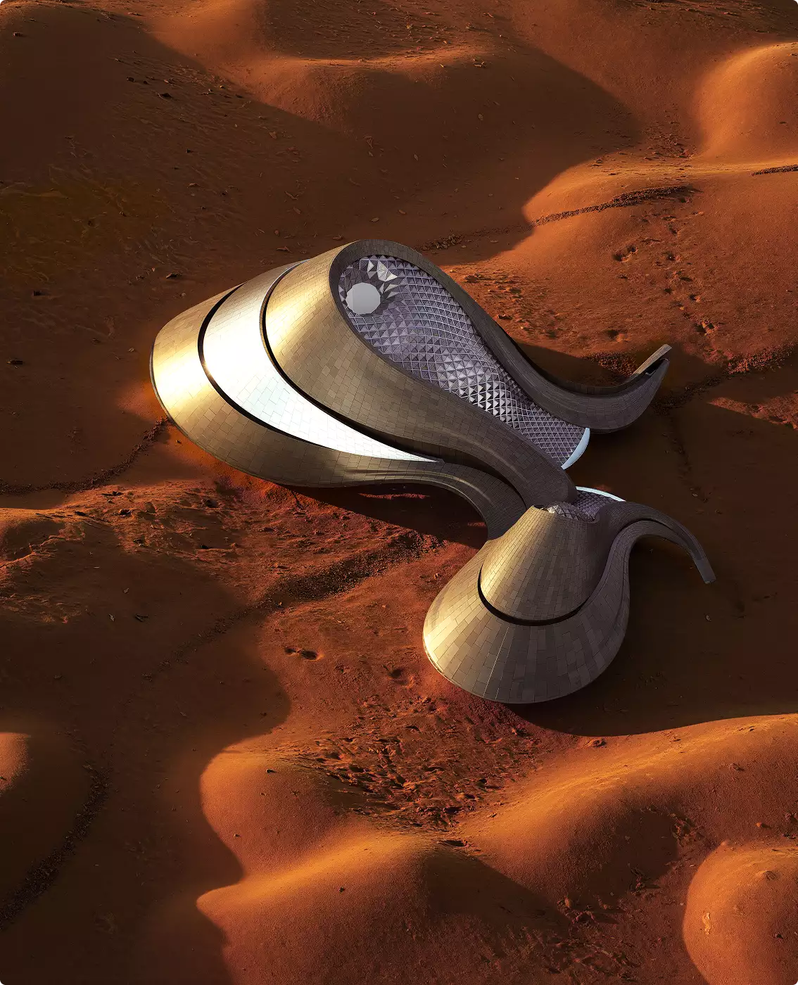 Aerial architectural rendering for hotel tender showing organic building form in desert dunes