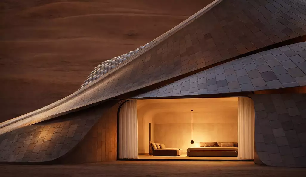 Hotel room architectural rendering for hotel tender with curved facade and warm interior lighting