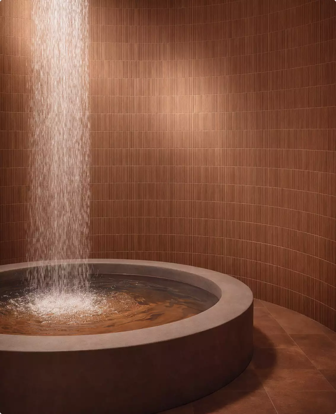 Architectural rendering for hotel tender spa pool with falling water and curved tiled wall