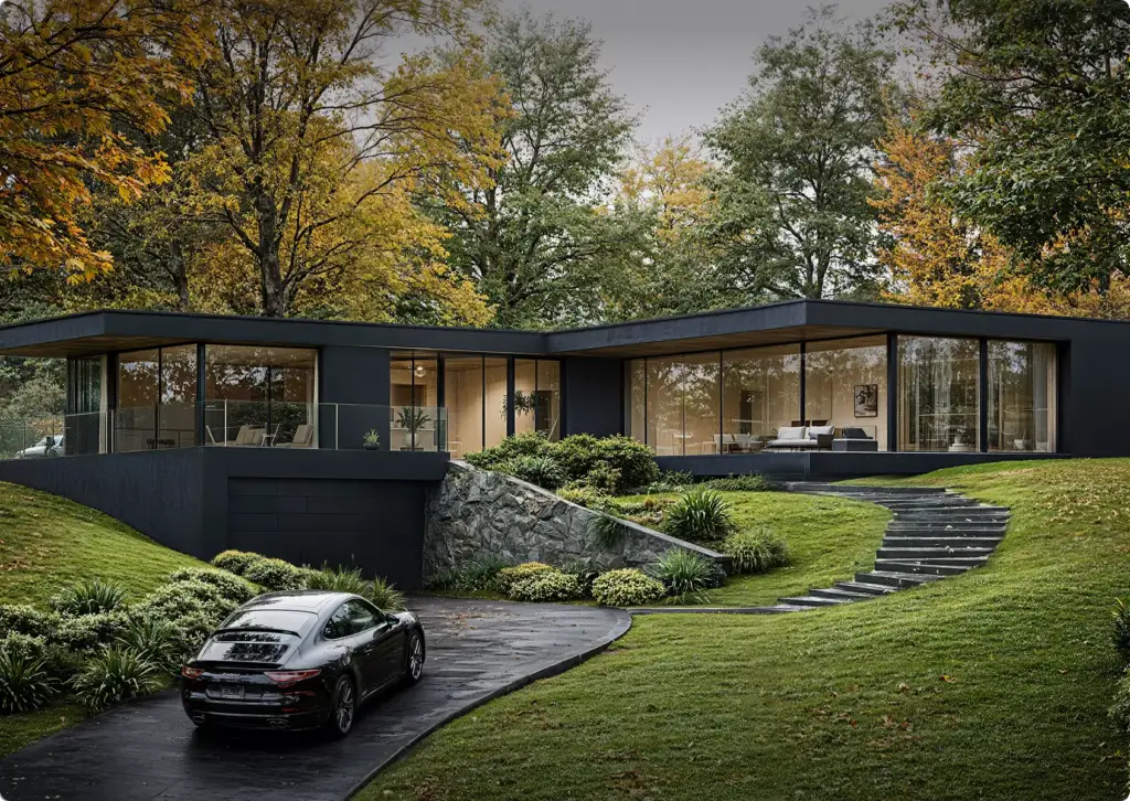 Modern single story glass house with flat roof and driveway in landscaped yard, architectural rendering
