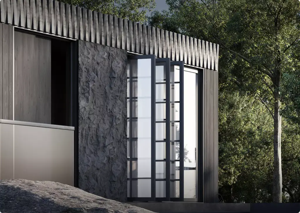 Modern house facade with textured wall and tall glass doors in forest setting, architectural rendering