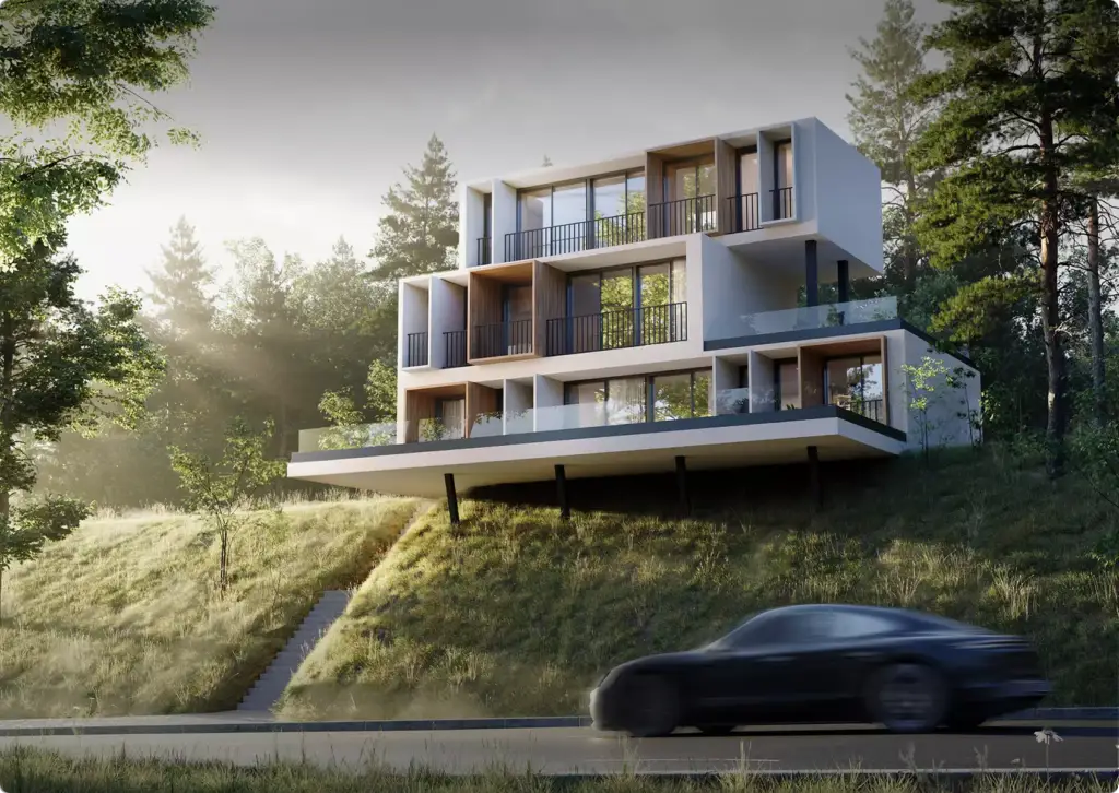 Modern modular house on hillside with large windows and balconies in forest, architectural rendering