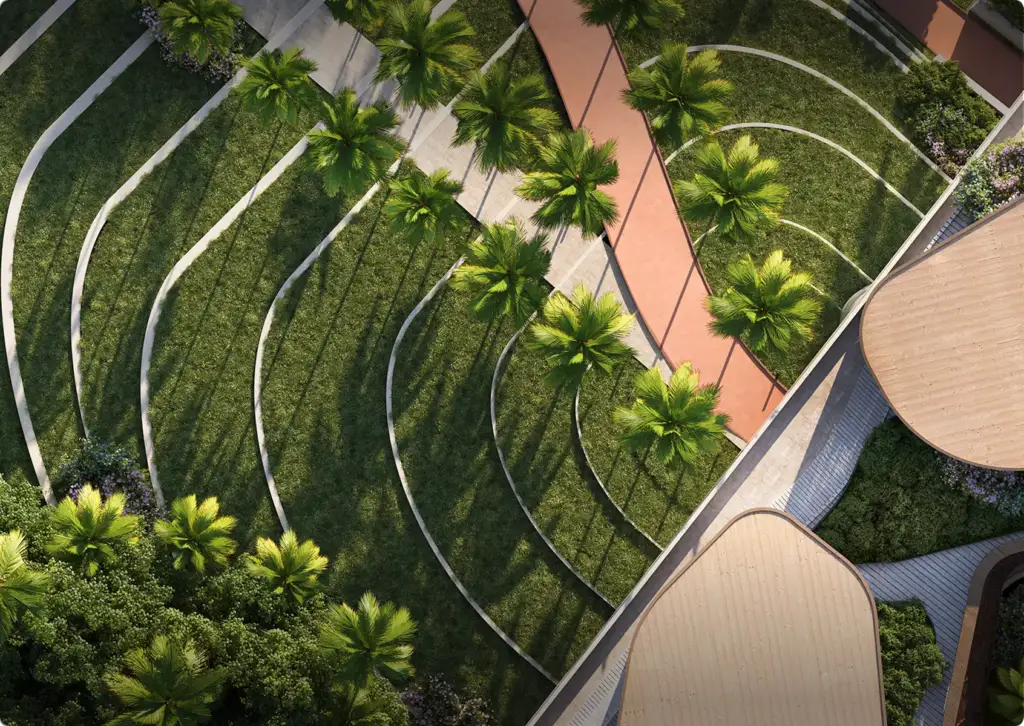 Top view of landscaped park with curved paths and palm trees casting shadows, architectural rendering