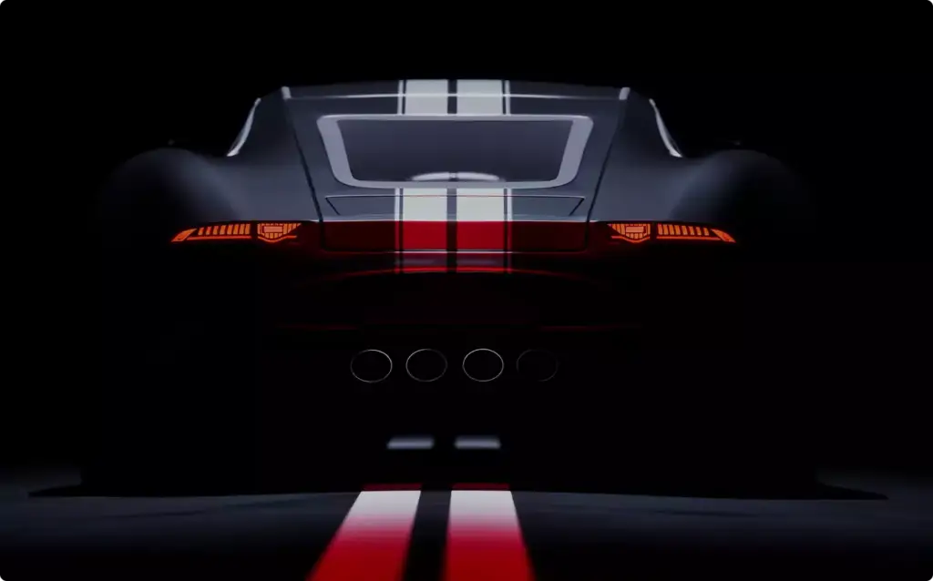 Automotive marketing rendering service rear view of a dark sports car with taillights on