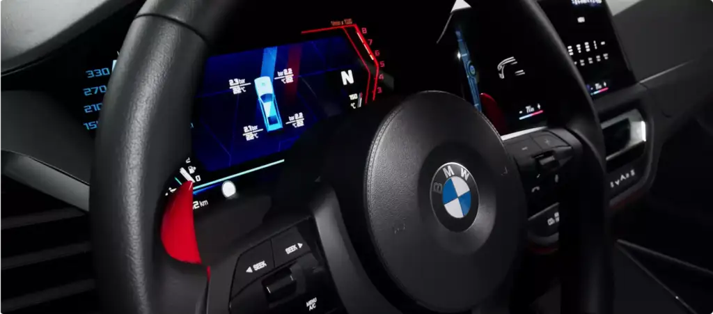 Automotive photorealistic CGI service BMW cockpit close-up with steering wheel and digital display