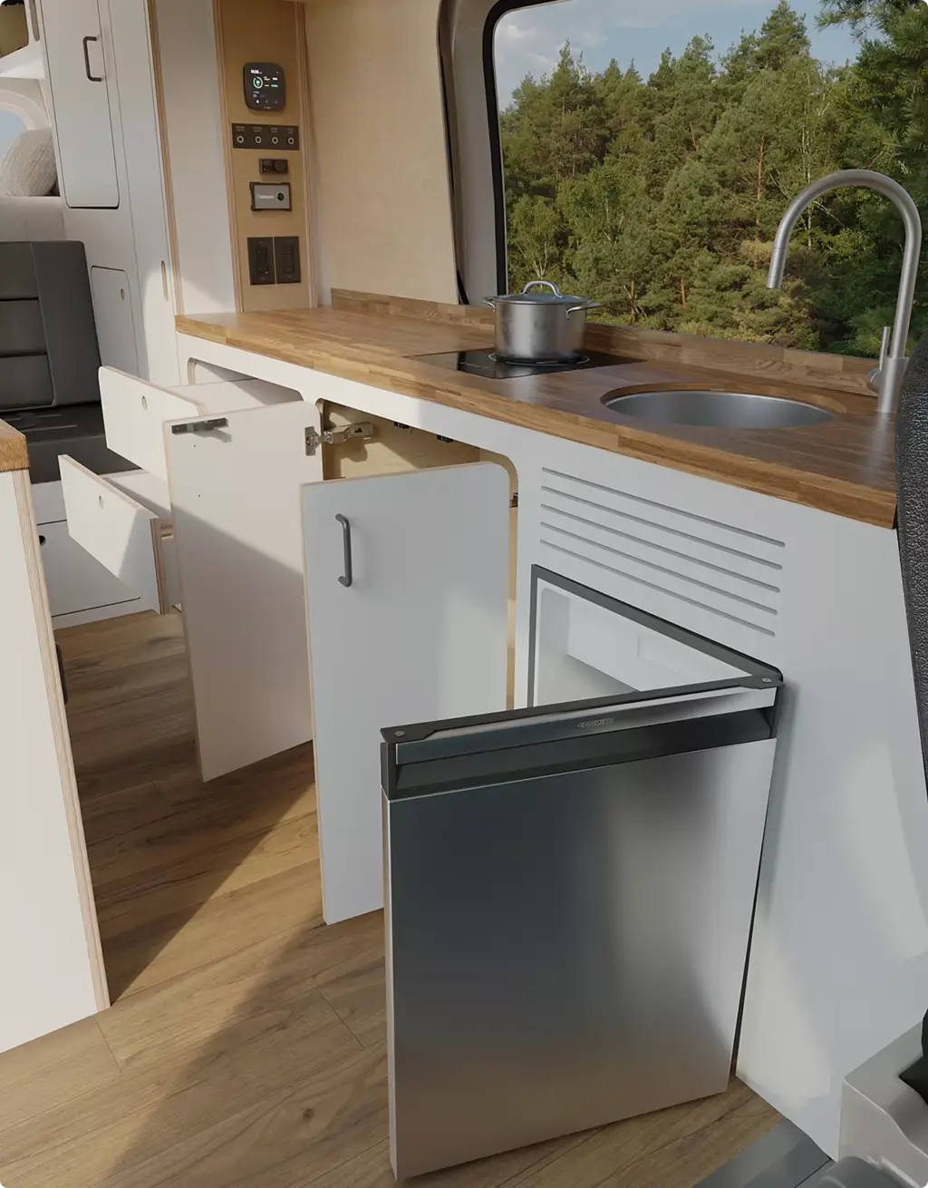 Camper van kitchen with open cabinets, sink, and wood counter, Automotive Rendering Service