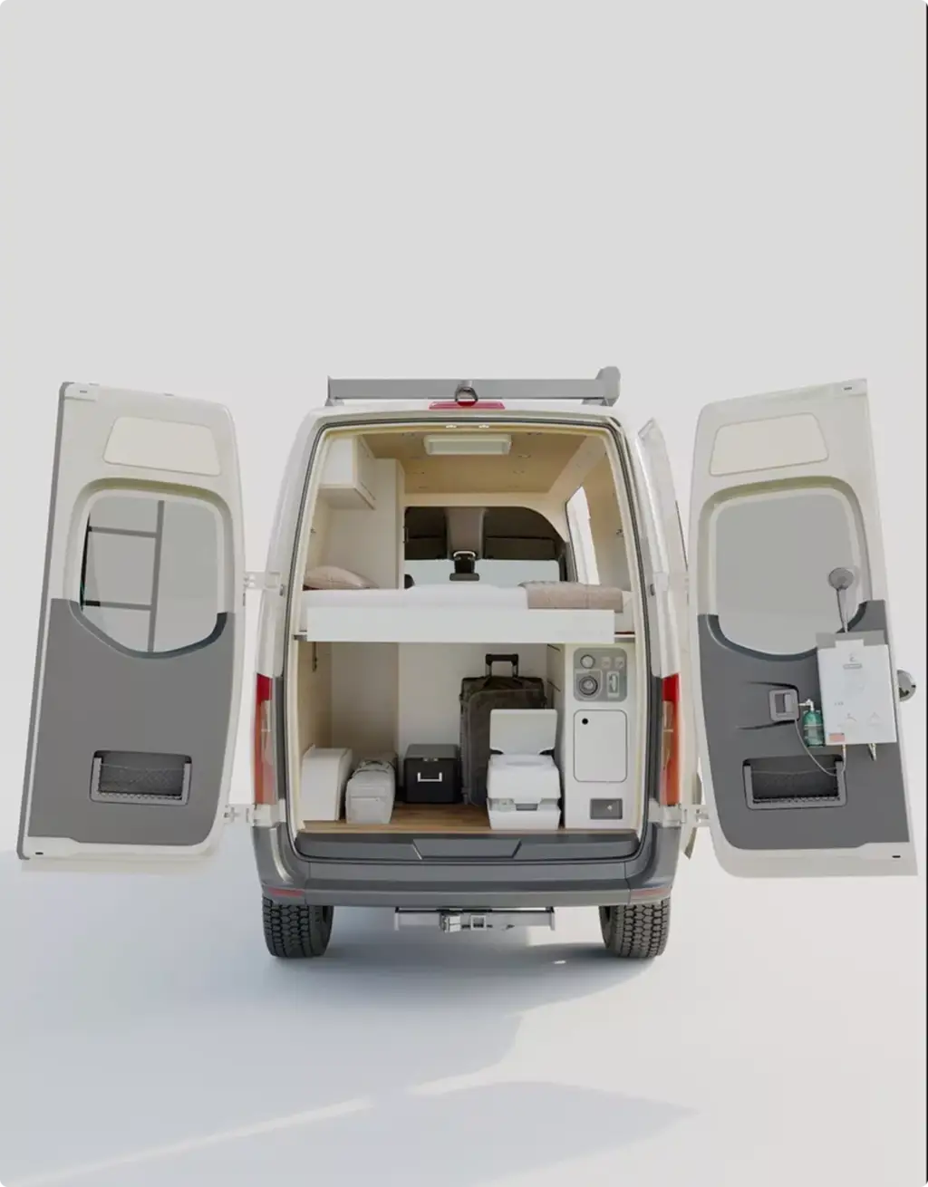 Camper van rear interior with bed and storage compartments, Automotive Rendering Service