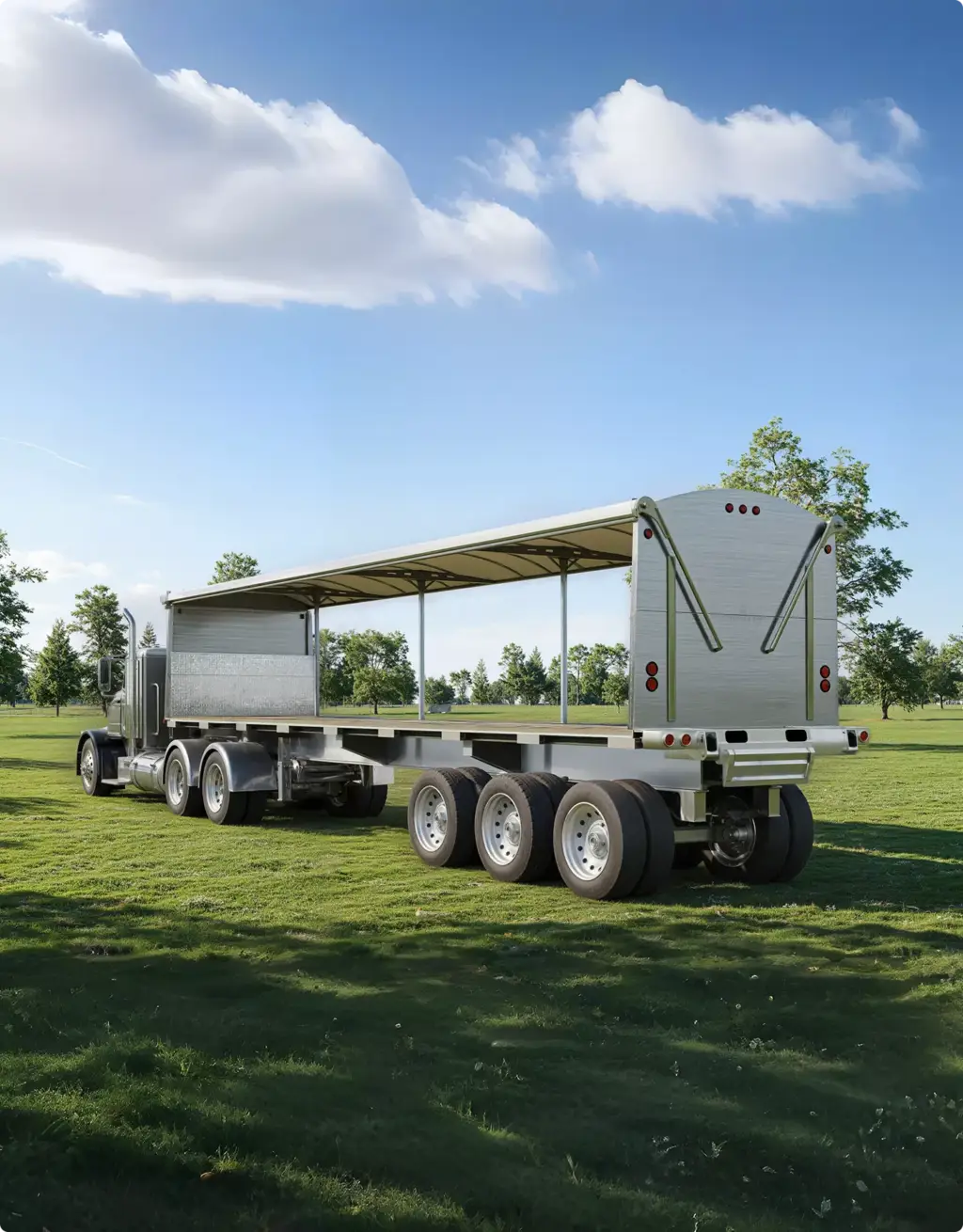 Flatbed trailer truck parked on grass under blue sky, Automotive Rendering Service