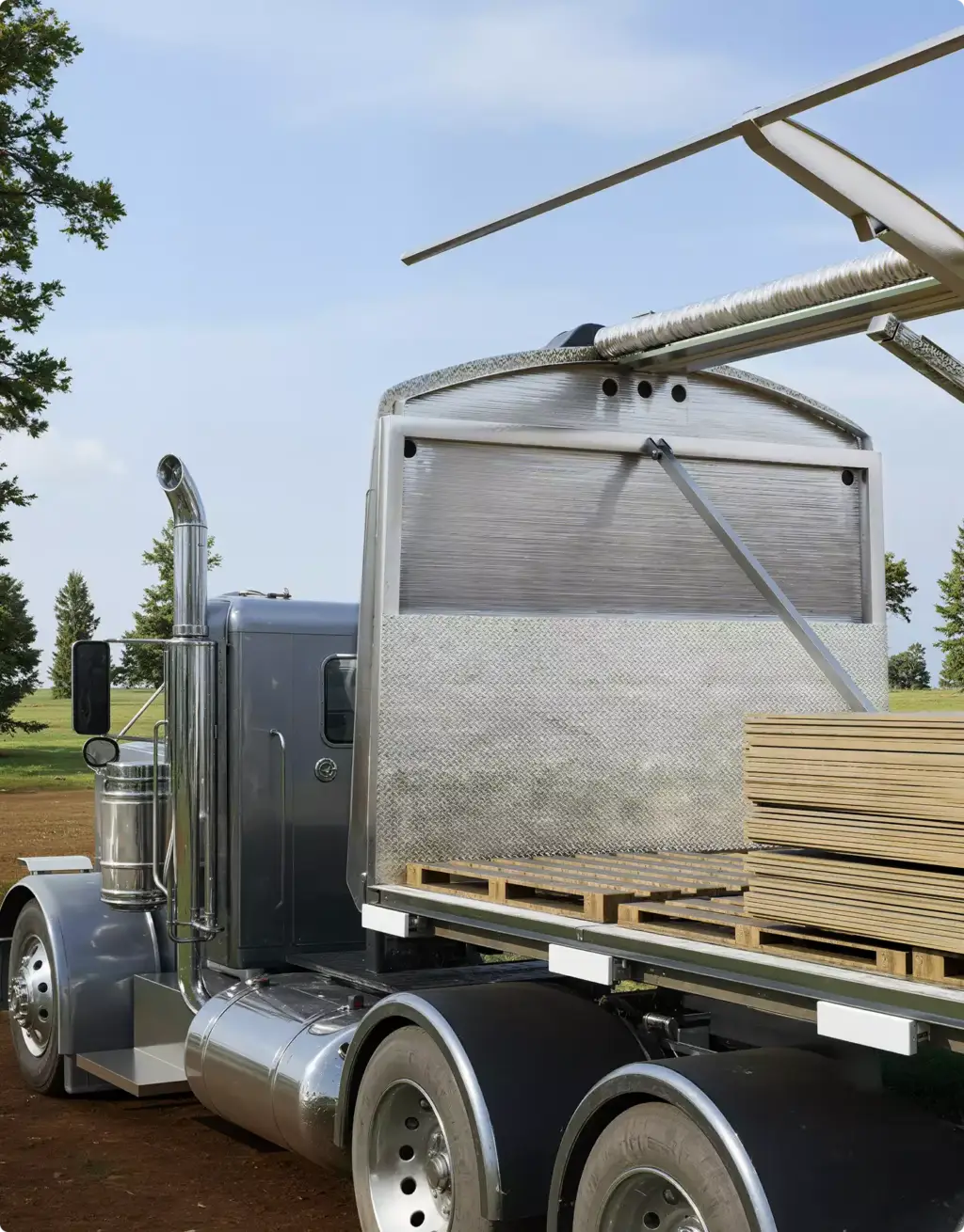 Flatbed truck carrying stacked wood panels outdoors, Automotive Rendering Service