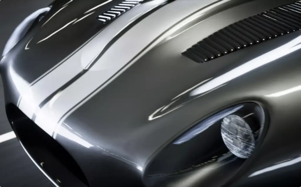 Sports car hood and headlight close-up with racing stripes, Automotive Rendering Service