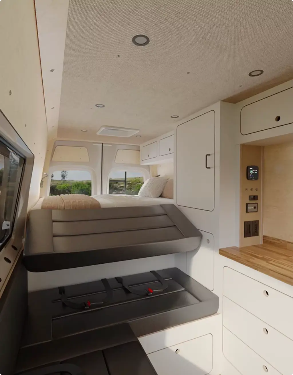 Camper van interior with raised bed and white cabinets, Automotive Rendering Service