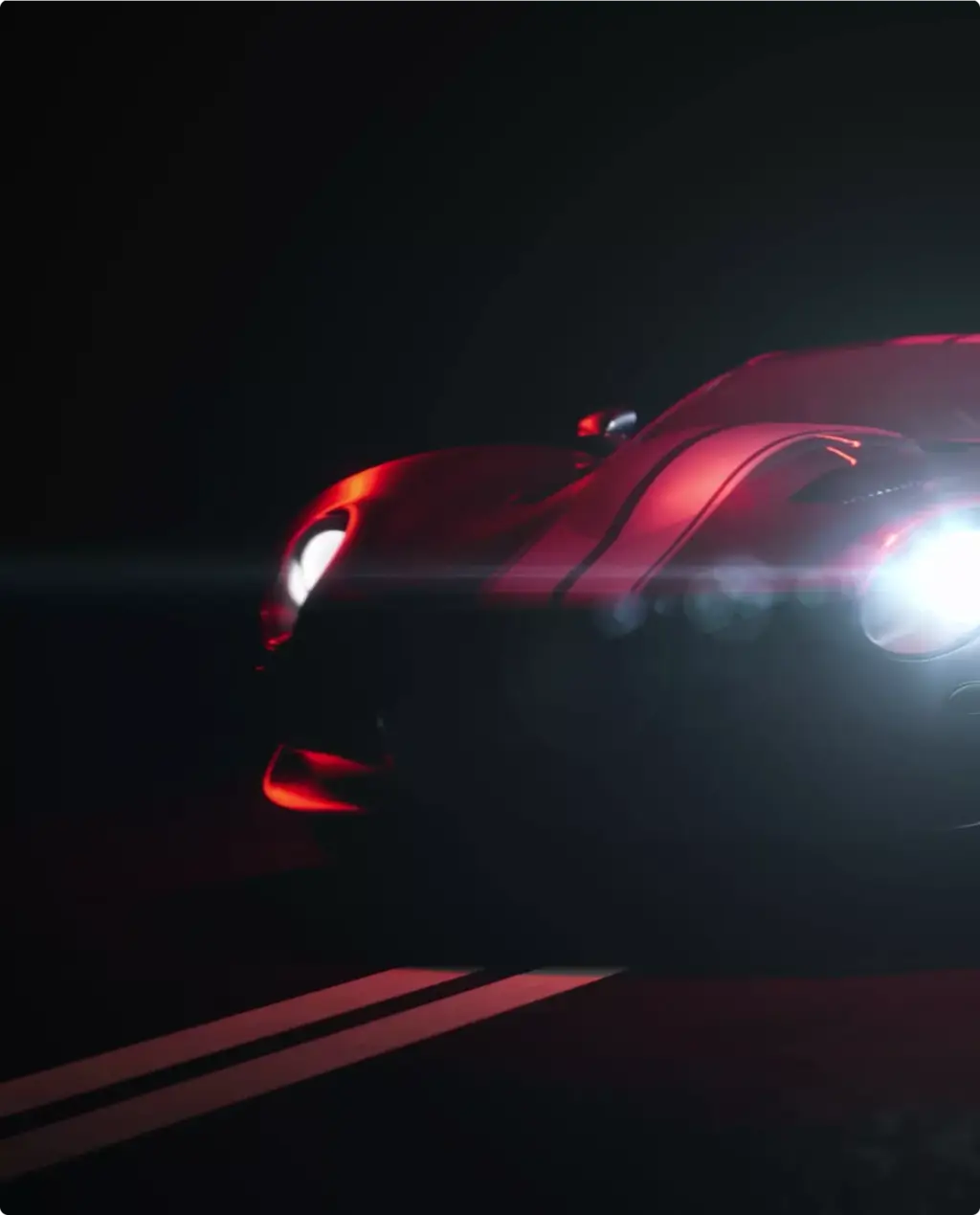 Red sports car front with bright headlights in dark studio, Automotive Rendering Service