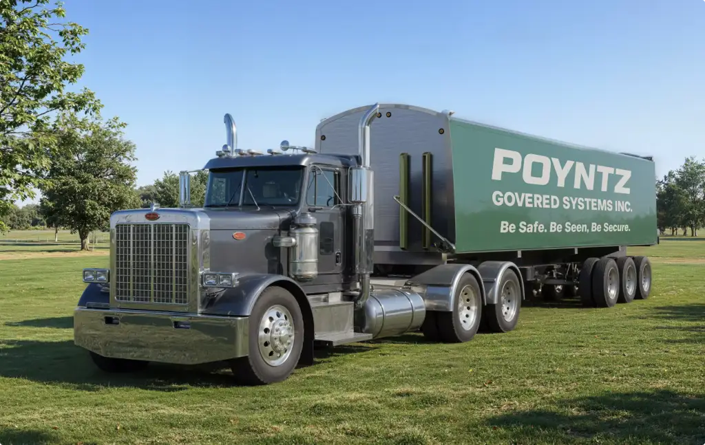 Semi truck with green trailer parked on grass field, Automotive Rendering Service