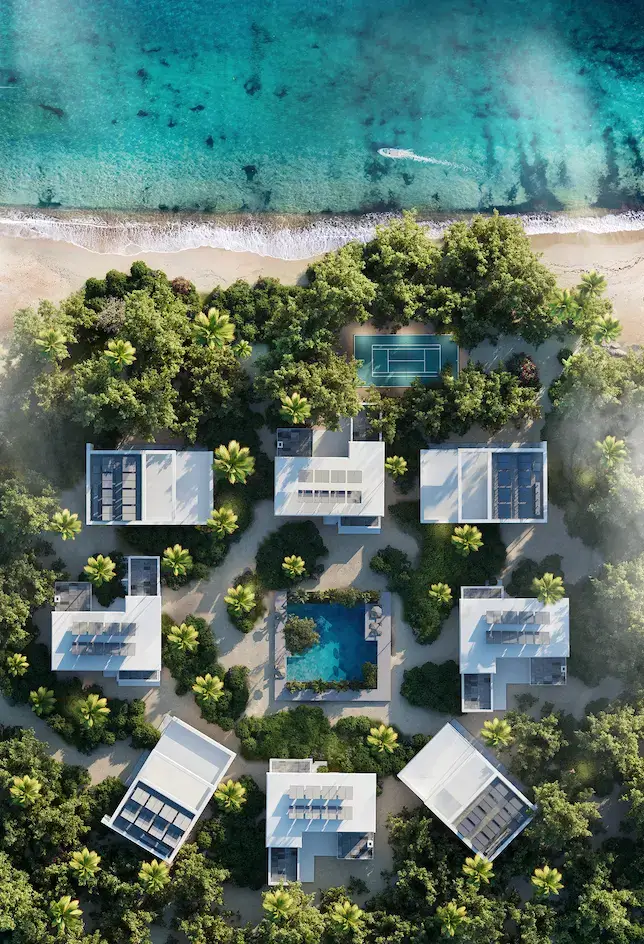 Best AI Rendering Tools for Architectural Rendering Beach resort aerial with villas and pool by clear water, ai rendering for architects